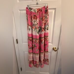 Maaji Pink Floral Tiered Maxi Skirt with Olive Accents
